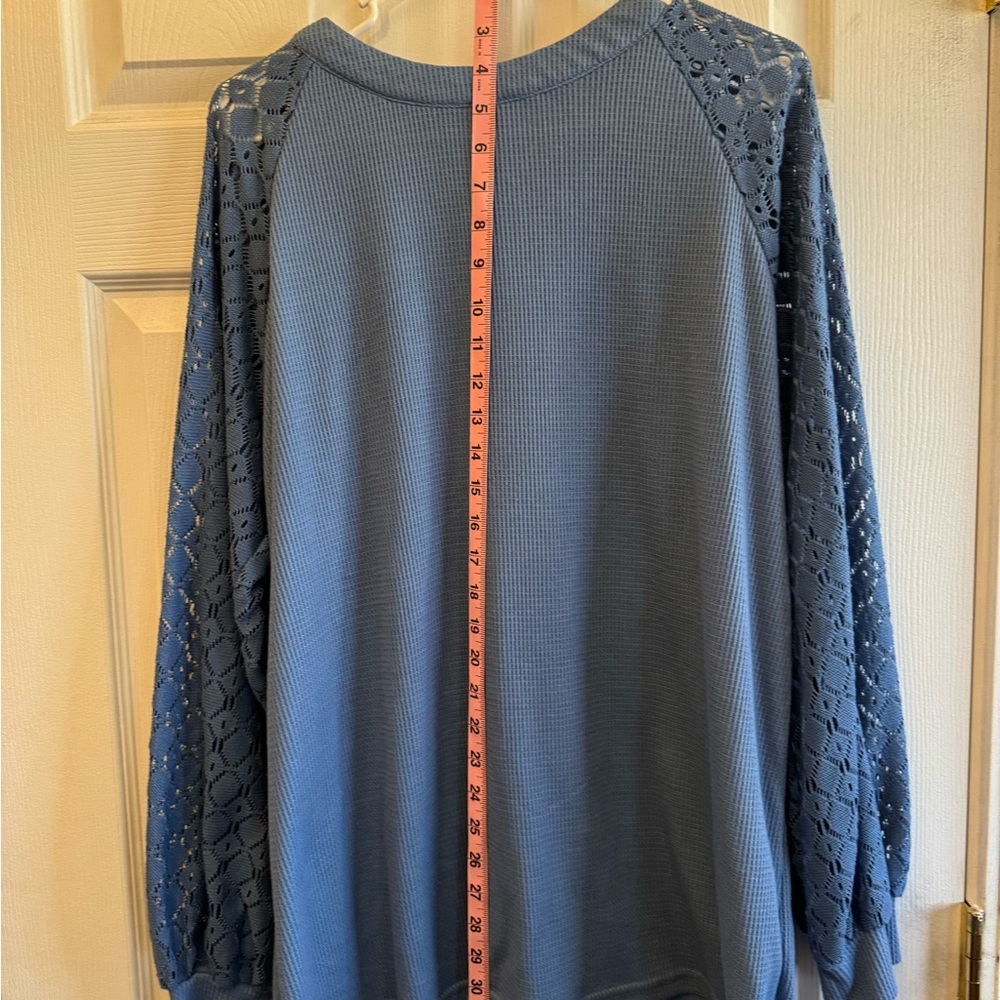 Blue Waffle Knit Top with Lace Sleeves